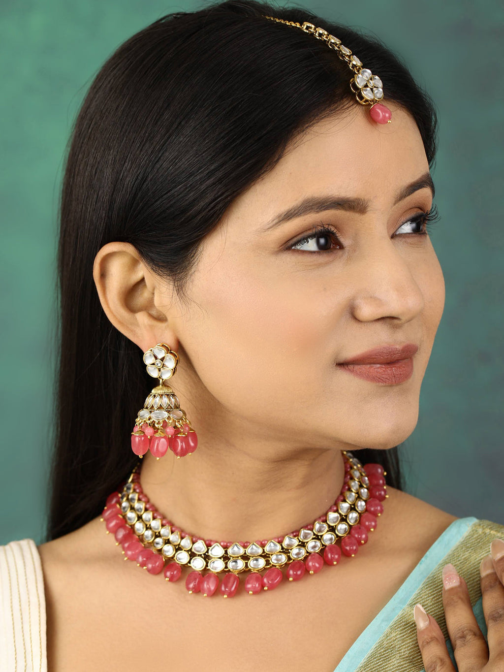 Priyaasi Women Pink Beads Ruby Kundan Gold-Polished Traditional MaangTika Jewellery Set - Swadesiicart