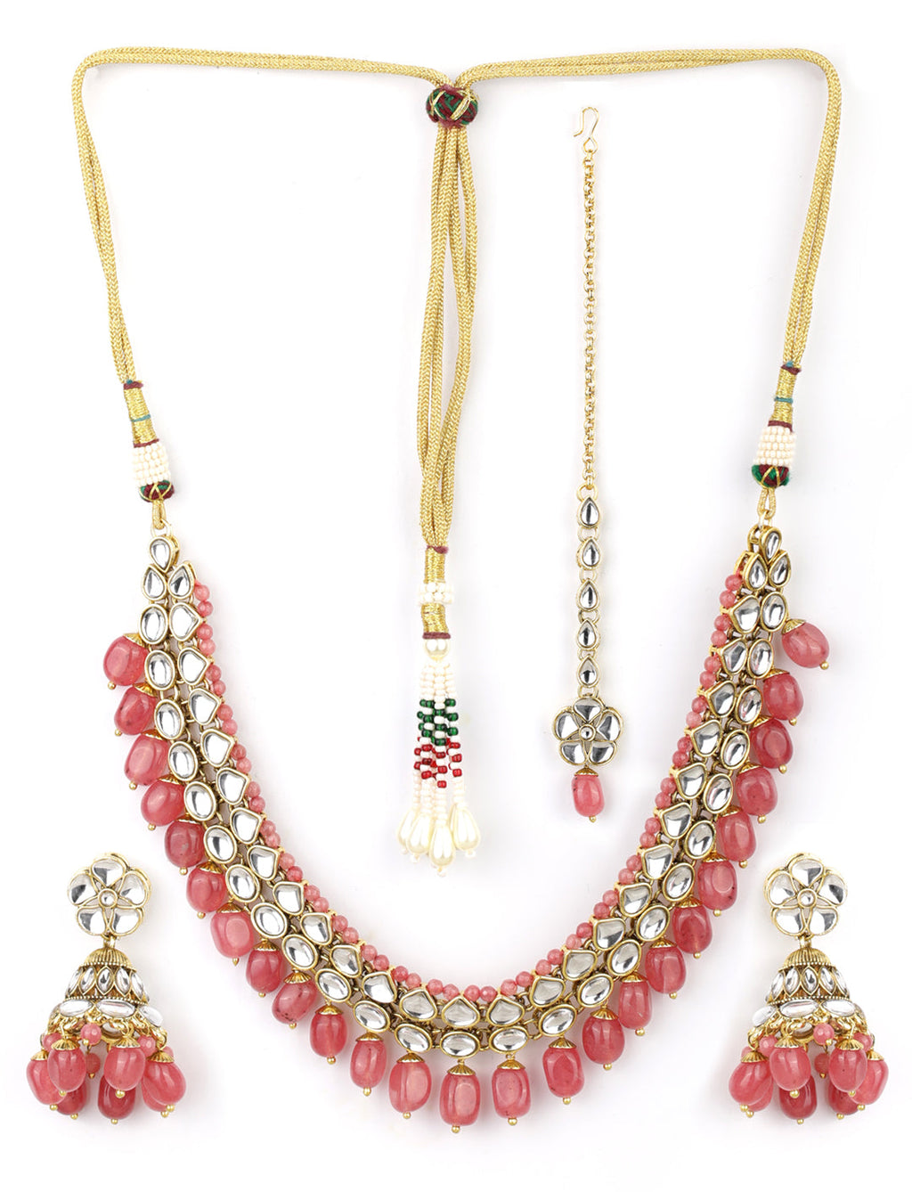 Priyaasi Women Pink Beads Ruby Kundan Gold-Polished Traditional MaangTika Jewellery Set - Swadesiicart
