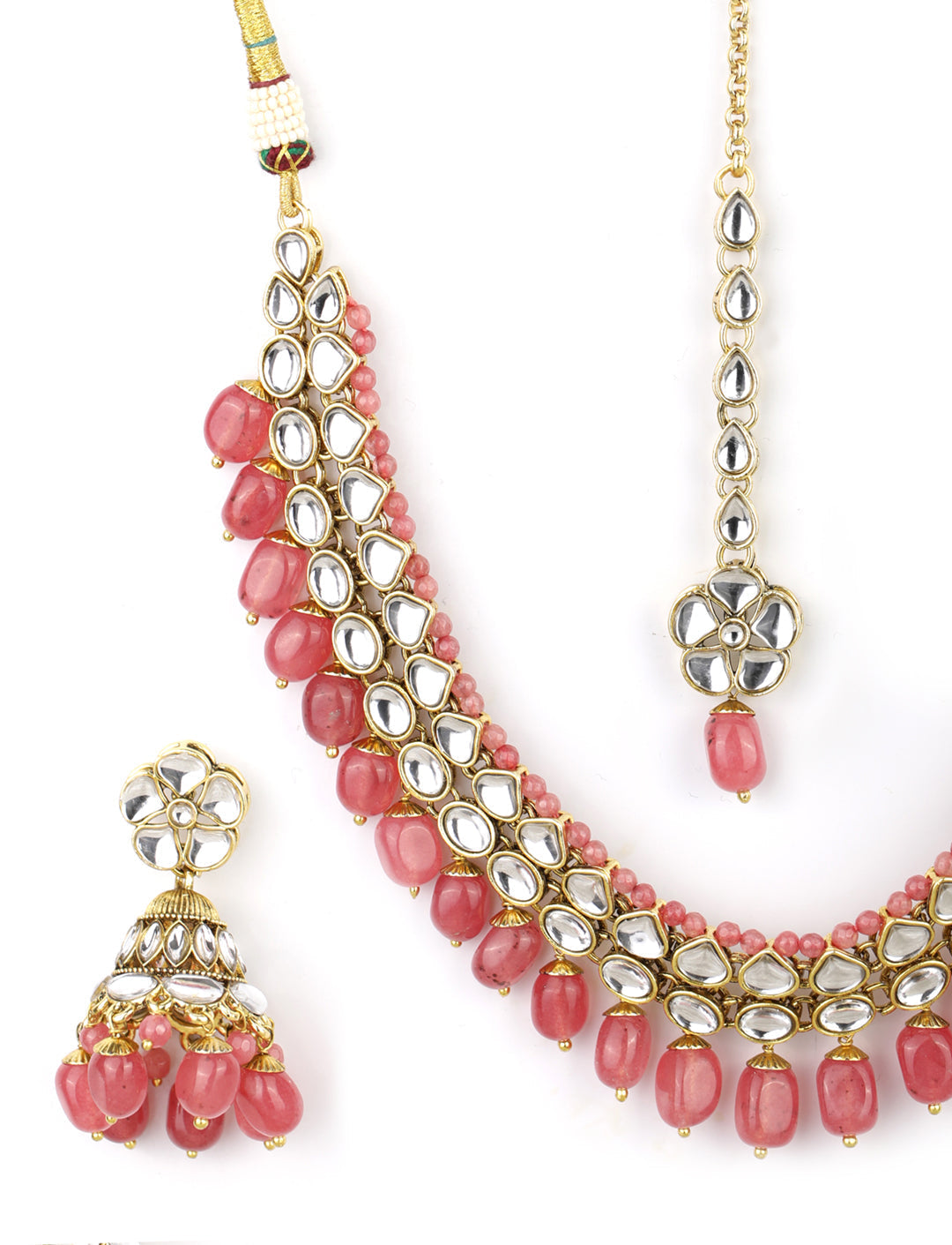 Priyaasi Women Pink Beads Ruby Kundan Gold-Polished Traditional MaangTika Jewellery Set - Swadesiicart