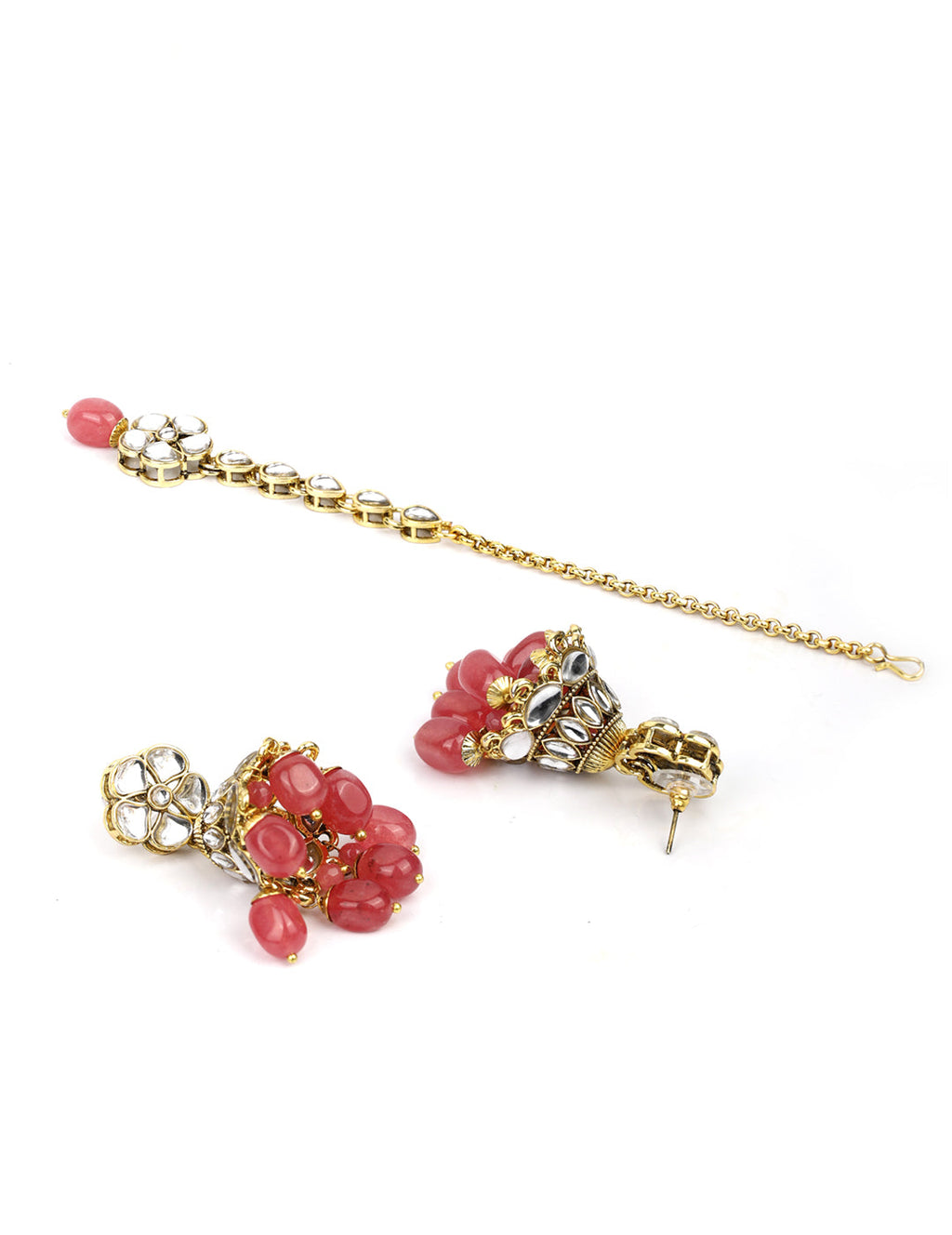 Priyaasi Women Pink Beads Ruby Kundan Gold-Polished Traditional MaangTika Jewellery Set - Swadesiicart