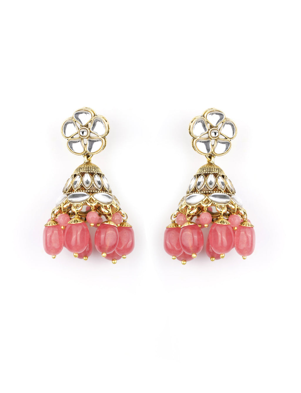 Priyaasi Women Pink Beads Ruby Kundan Gold-Polished Traditional MaangTika Jewellery Set - Swadesiicart