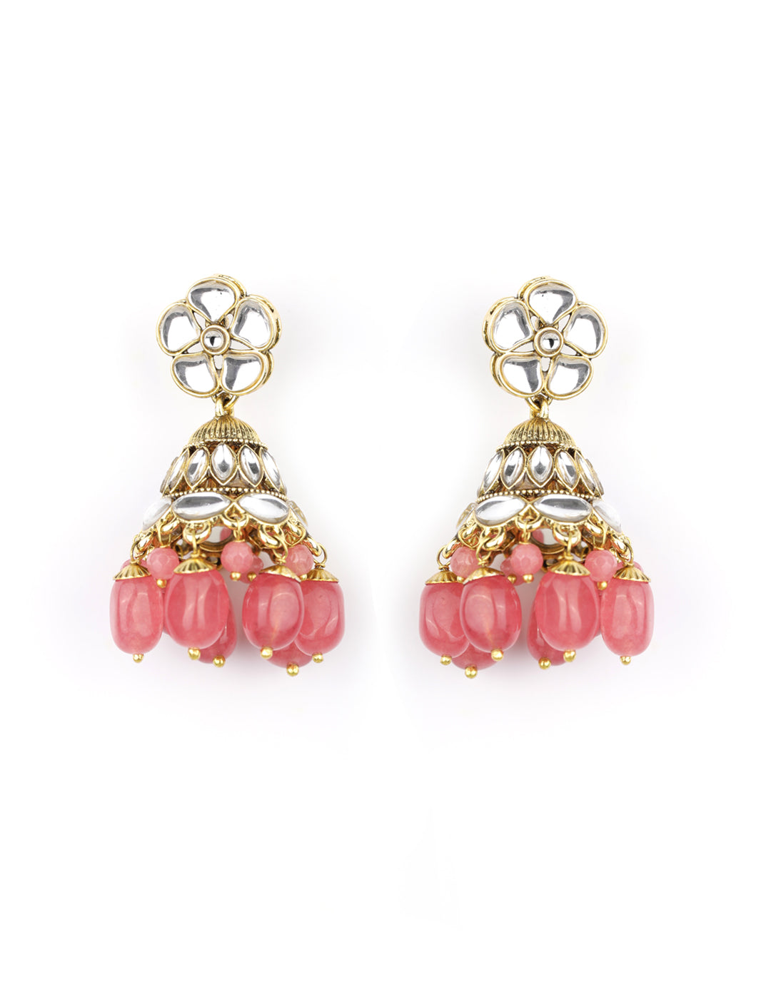 Priyaasi Women Pink Beads Ruby Kundan Gold-Polished Traditional MaangTika Jewellery Set - Swadesiicart