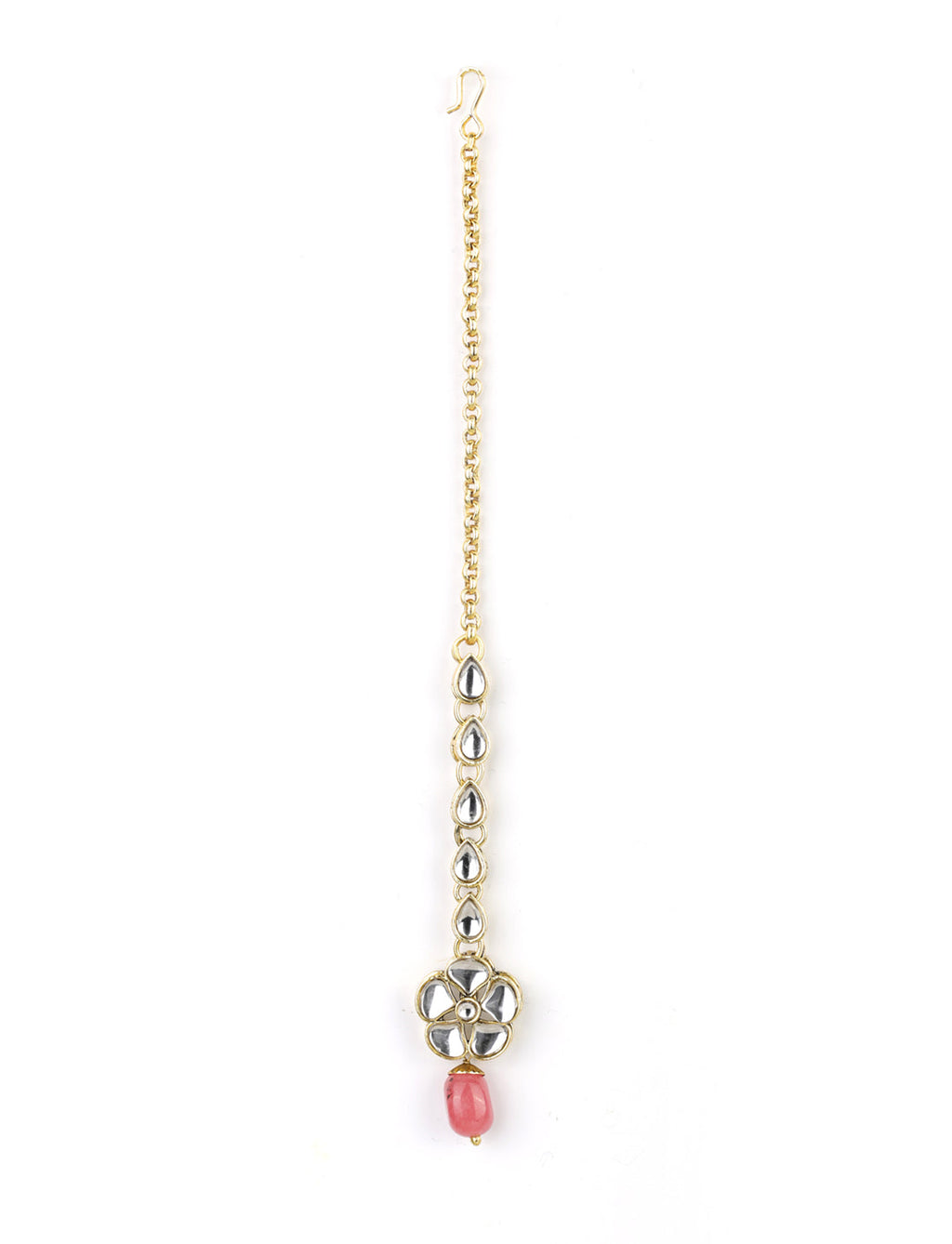 Priyaasi Women Pink Beads Ruby Kundan Gold-Polished Traditional MaangTika Jewellery Set - Swadesiicart