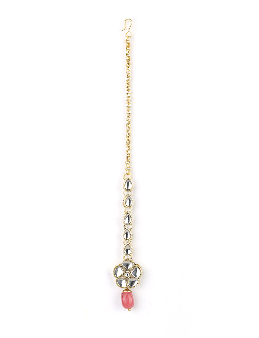 Priyaasi Women Pink Beads Ruby Kundan Gold-Polished Traditional MaangTika Jewellery Set - Swadesiicart