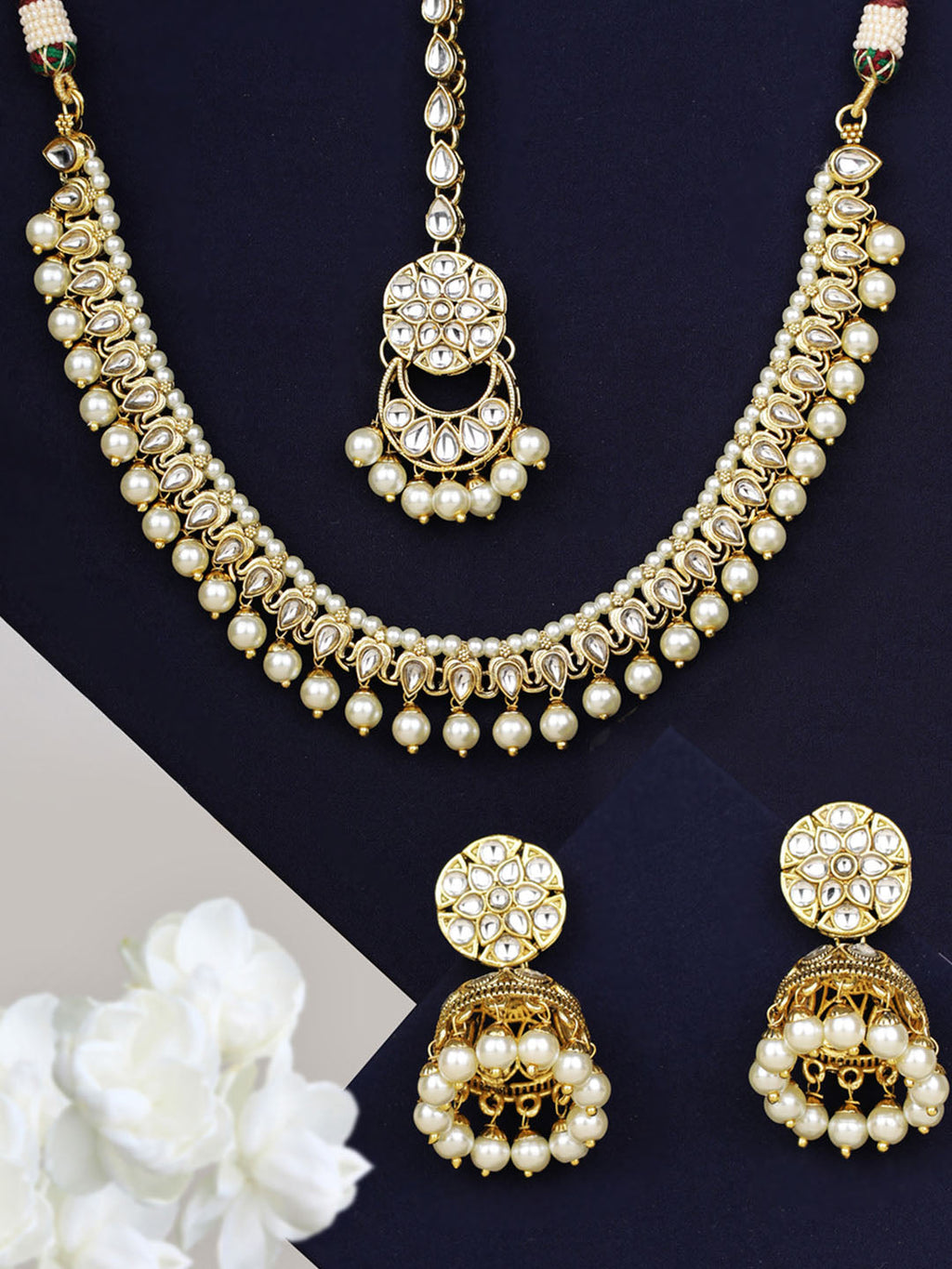 Priyaasi Women White Beads Kundan Pearls Gold-Polished Traditional MaangTika Jewellery Set - Noz2Toz