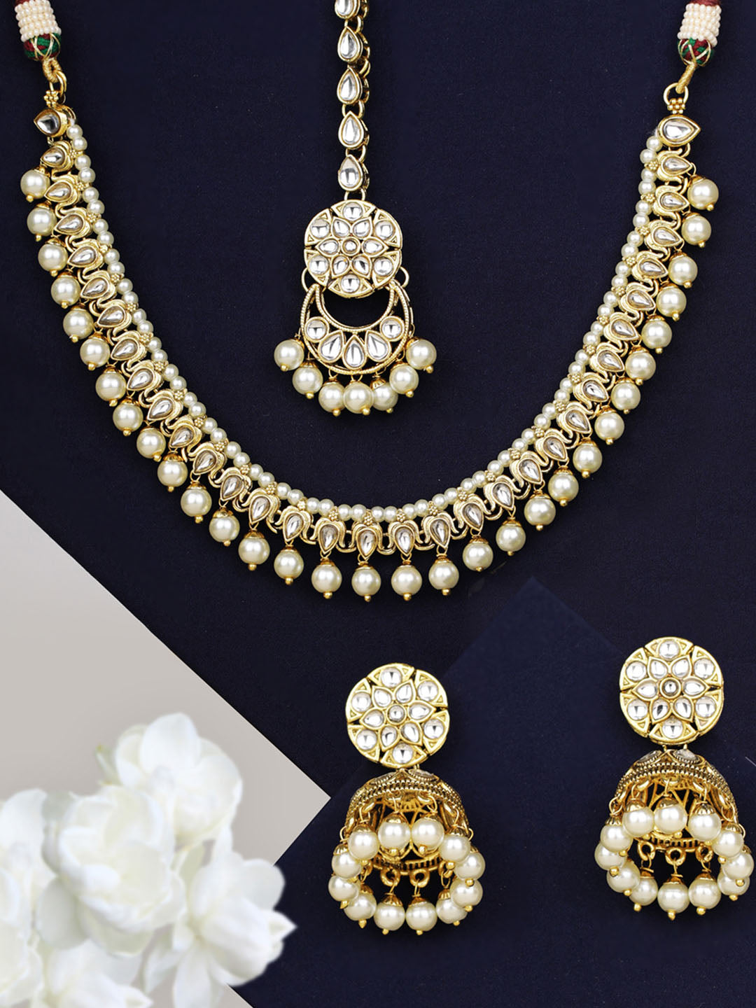 Priyaasi Women White Beads Kundan Pearls Gold-Polished Traditional MaangTika Jewellery Set - Noz2Toz