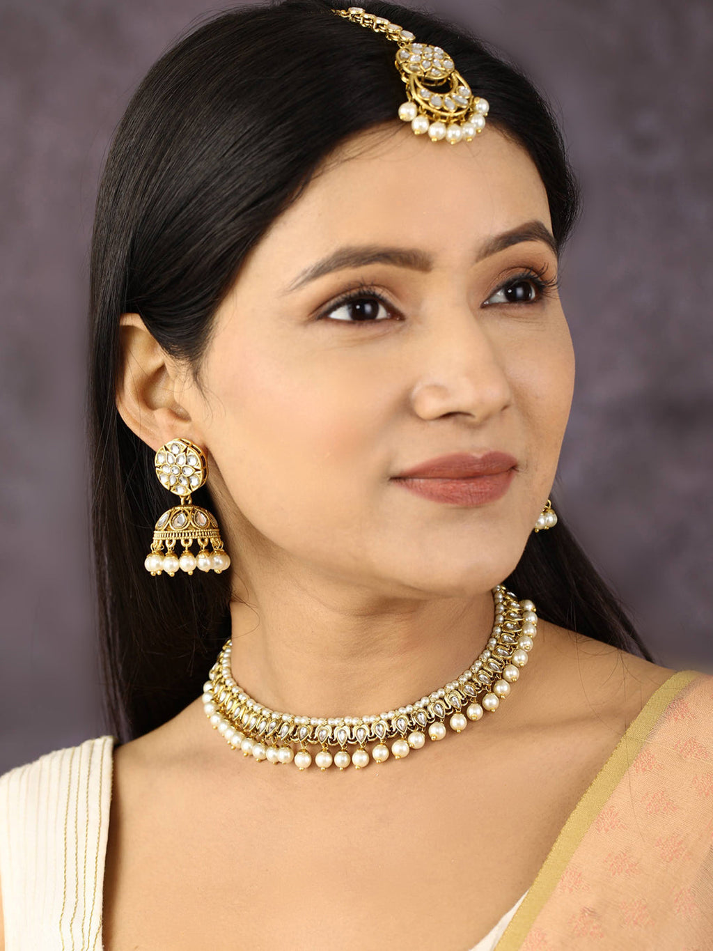 Priyaasi Women White Beads Kundan Pearls Gold-Polished Traditional MaangTika Jewellery Set - Swadesiicart