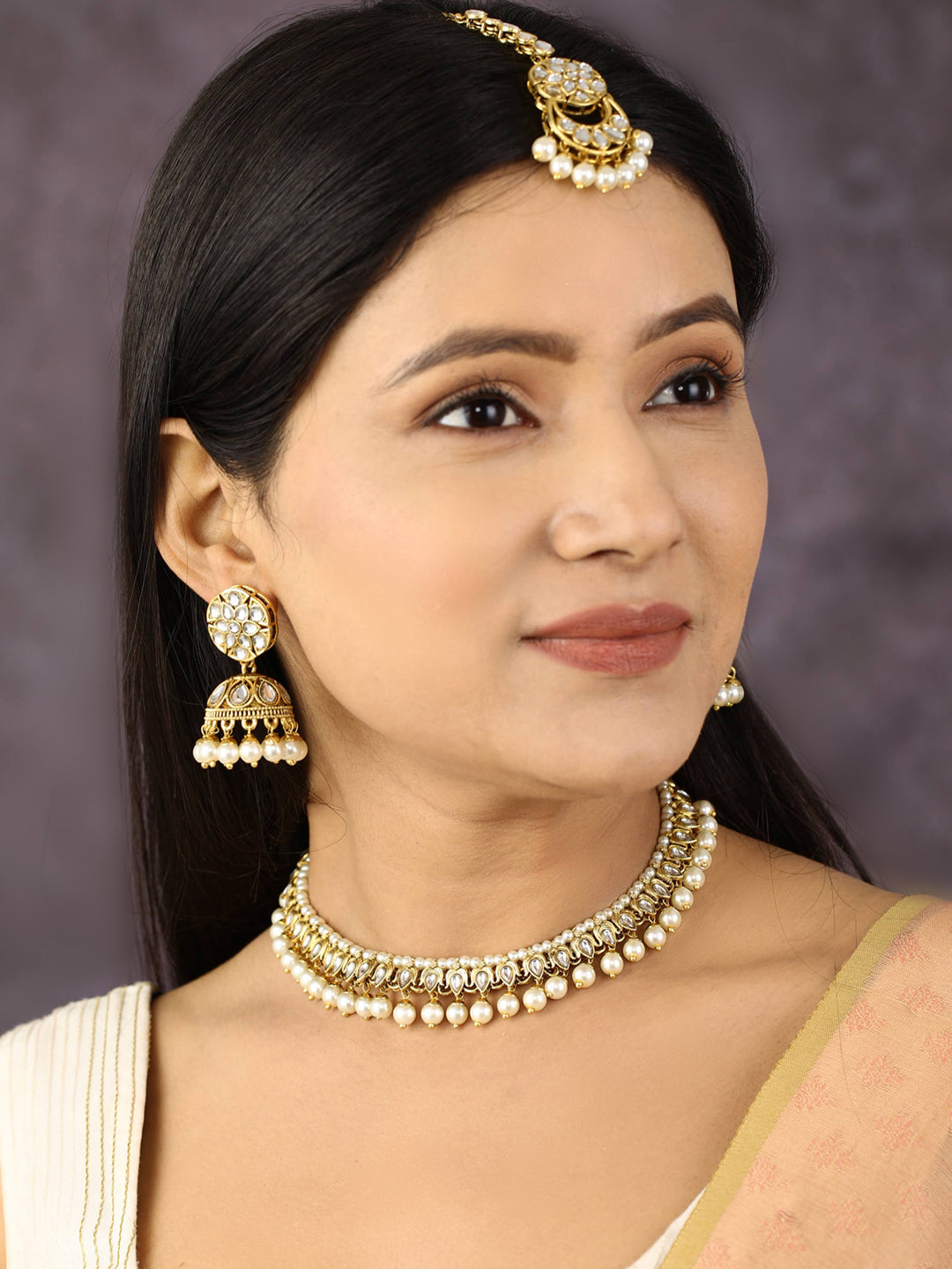 Priyaasi Women White Beads Kundan Pearls Gold-Polished Traditional MaangTika Jewellery Set - Swadesiicart