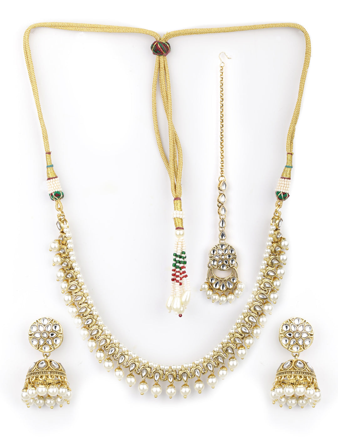 Priyaasi Women White Beads Kundan Pearls Gold-Polished Traditional MaangTika Jewellery Set - Swadesiicart