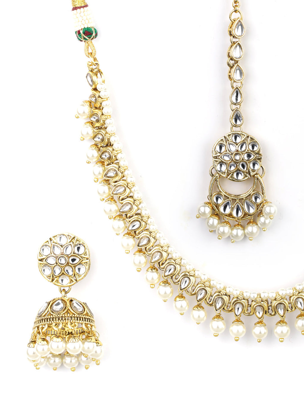 Priyaasi Women White Beads Kundan Pearls Gold-Polished Traditional MaangTika Jewellery Set - Swadesiicart