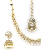 Priyaasi Women White Beads Kundan Pearls Gold-Polished Traditional MaangTika Jewellery Set - Swadesiicart