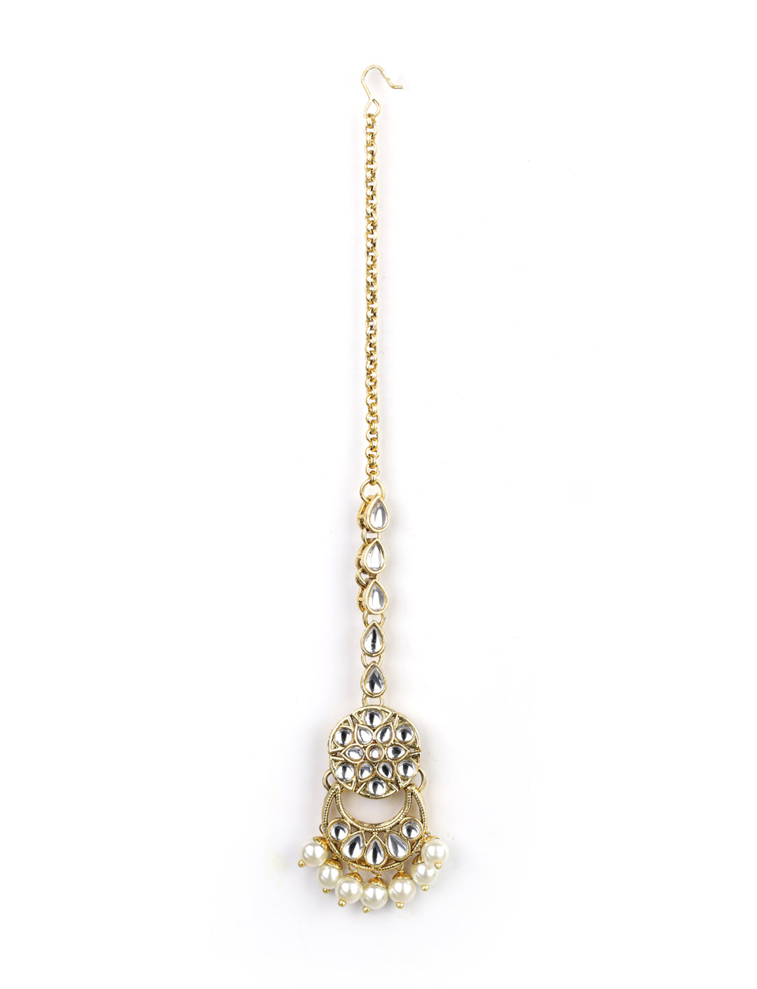 Priyaasi Women White Beads Kundan Pearls Gold-Polished Traditional MaangTika Jewellery Set - Swadesiicart