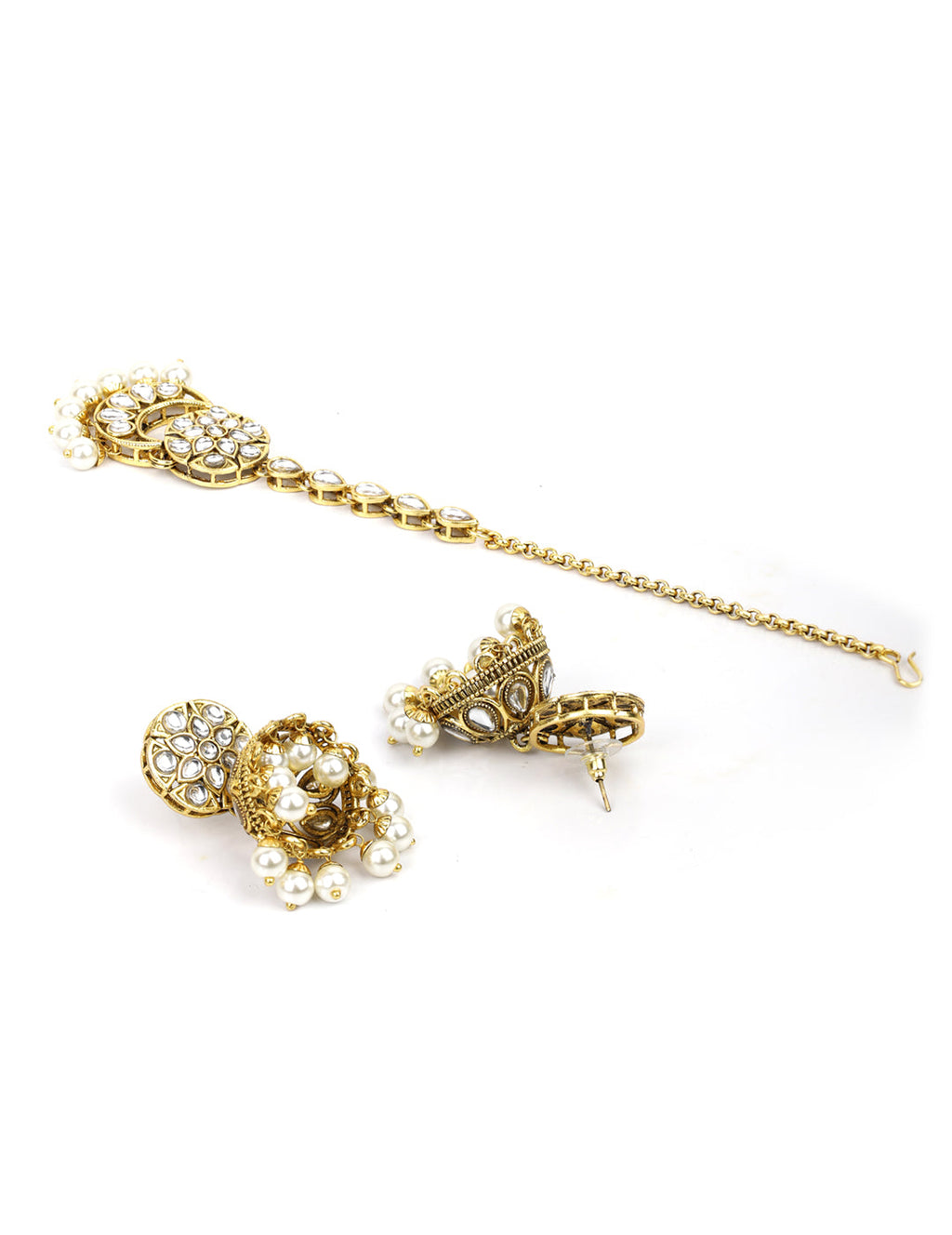 Priyaasi Women White Beads Kundan Pearls Gold-Polished Traditional MaangTika Jewellery Set - Swadesiicart