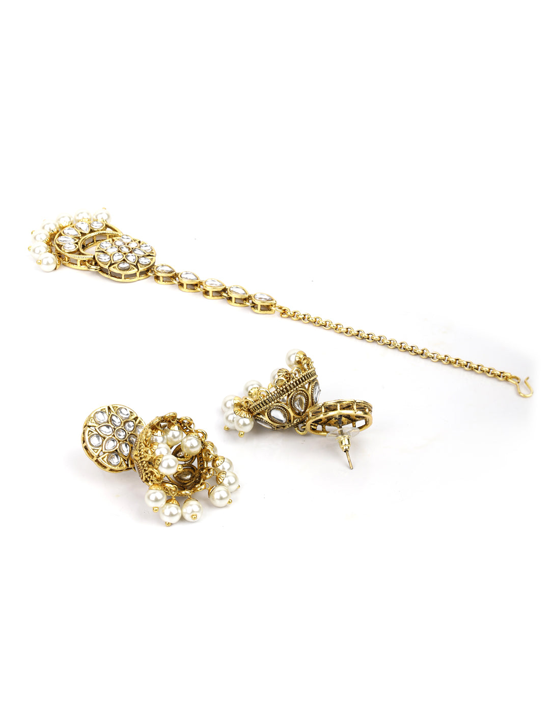 Priyaasi Women White Beads Kundan Pearls Gold-Polished Traditional MaangTika Jewellery Set - Swadesiicart