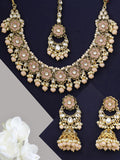 Priyaasi Women Peach Beads Pearls Kundan Gold-Polished Floral Traditional MaangTika Jewellery Set - Noz2Toz