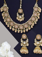 Priyaasi Women Peach Beads Pearls Kundan Gold-Polished Floral Traditional MaangTika Jewellery Set - Noz2Toz