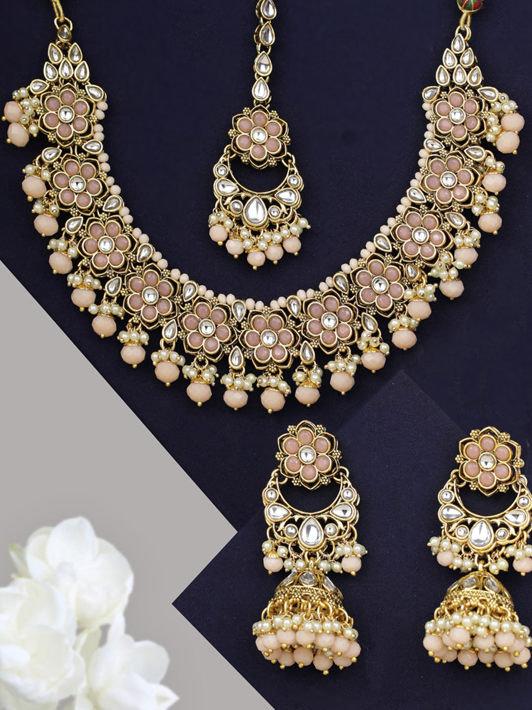 Priyaasi Women Peach Beads Pearls Kundan Gold-Polished Floral Traditional MaangTika Jewellery Set - Noz2Toz