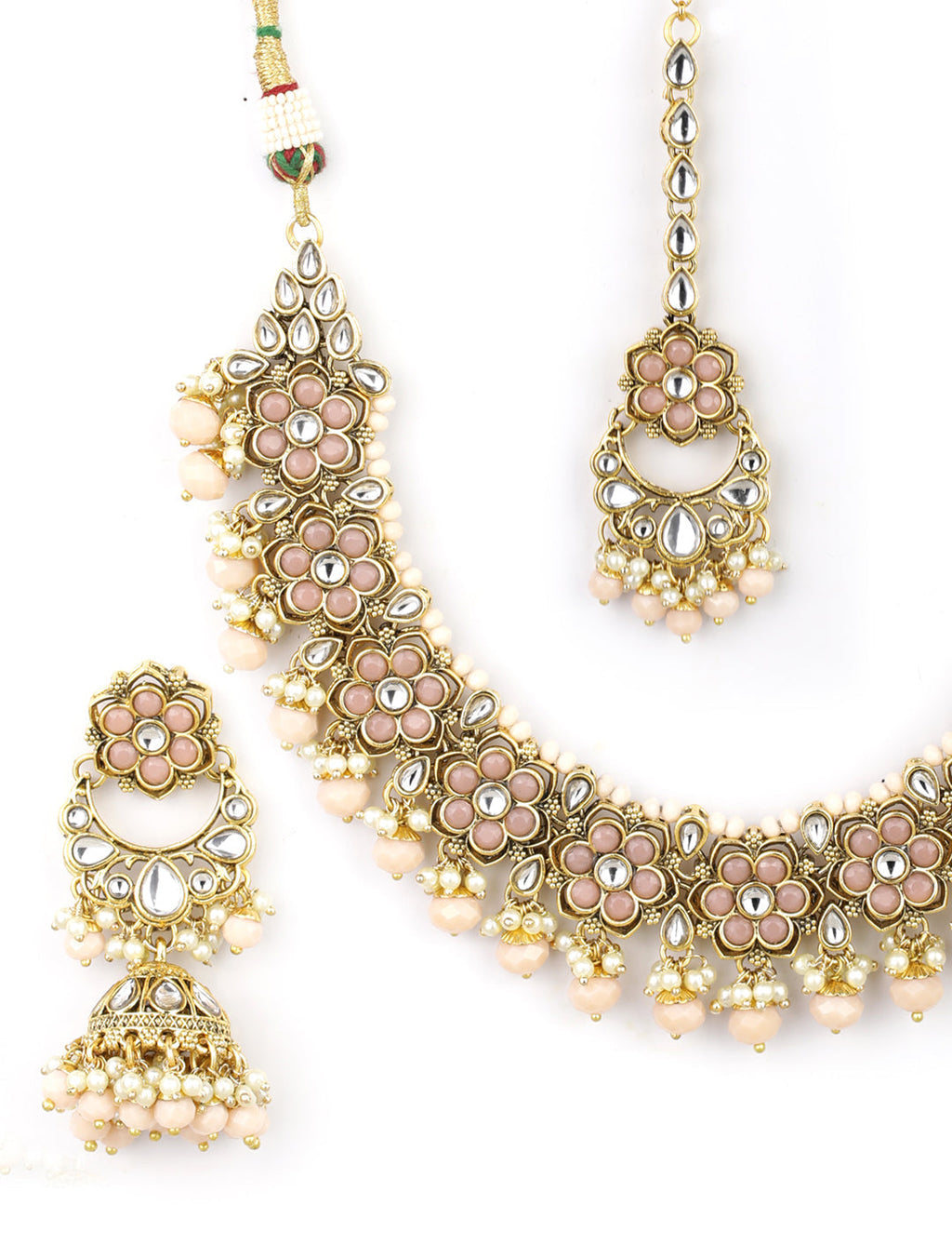 Priyaasi Women Peach Beads Pearls Kundan Gold-Polished Floral Traditional MaangTika Jewellery Set - Swadesiicart