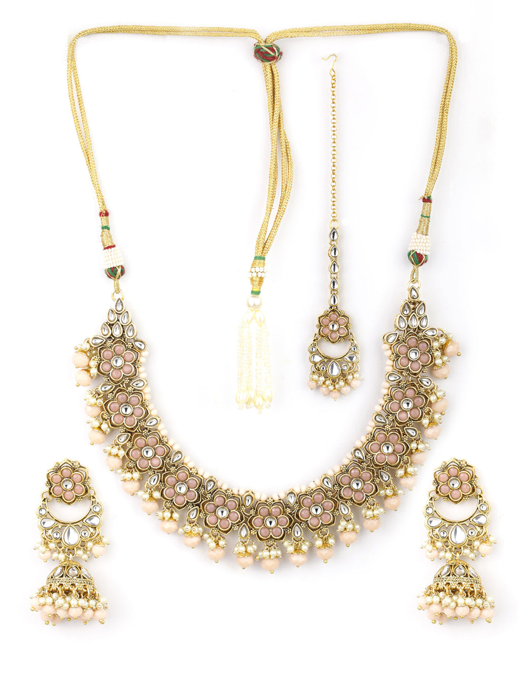Priyaasi Women Peach Beads Pearls Kundan Gold-Polished Floral Traditional MaangTika Jewellery Set - Swadesiicart
