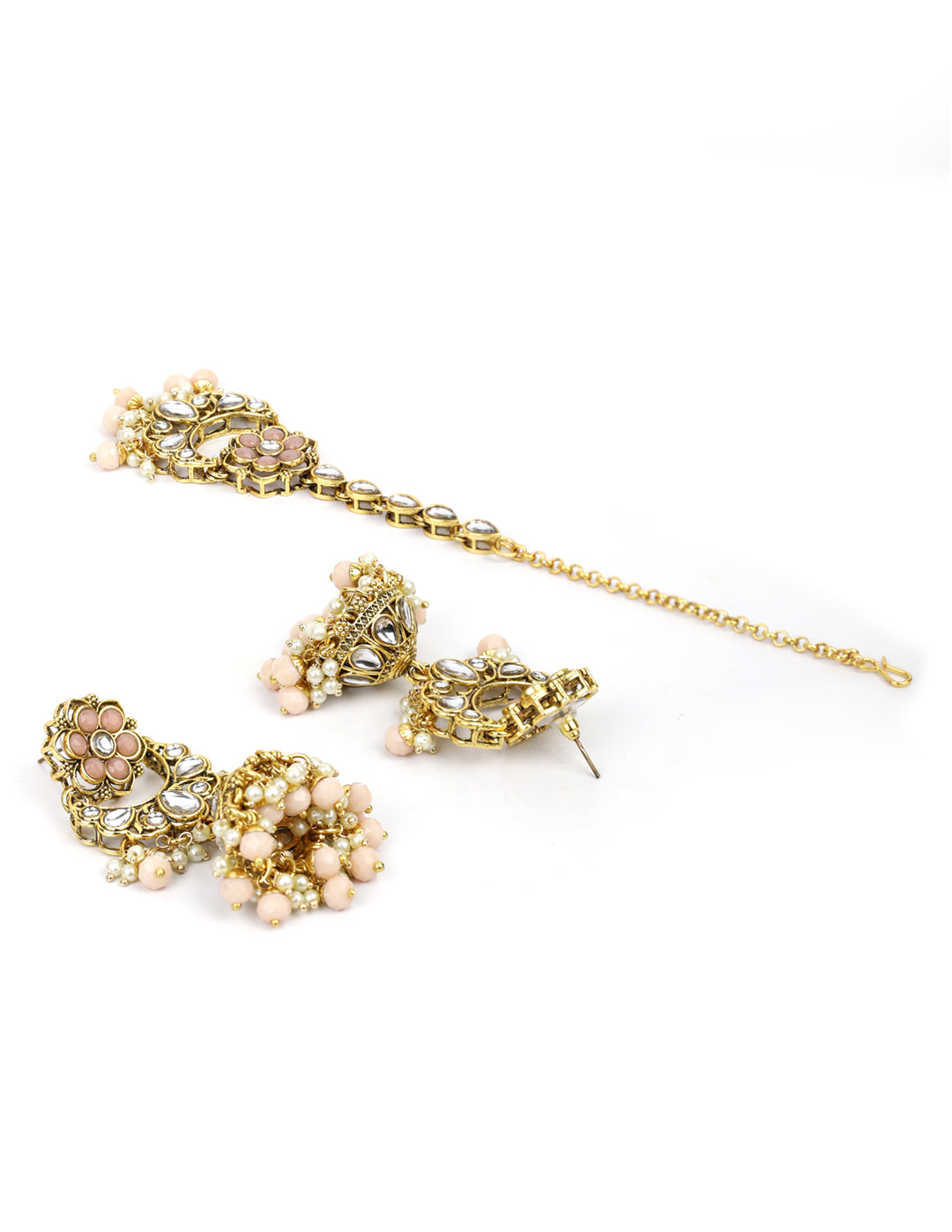 Priyaasi Women Peach Beads Pearls Kundan Gold-Polished Floral Traditional MaangTika Jewellery Set - Swadesiicart