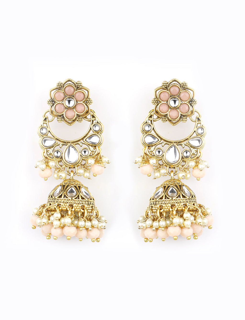 Priyaasi Women Peach Beads Pearls Kundan Gold-Polished Floral Traditional MaangTika Jewellery Set - Swadesiicart