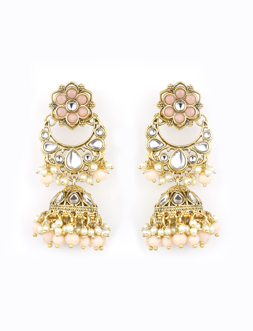 Priyaasi Women Peach Beads Pearls Kundan Gold-Polished Floral Traditional MaangTika Jewellery Set - Swadesiicart