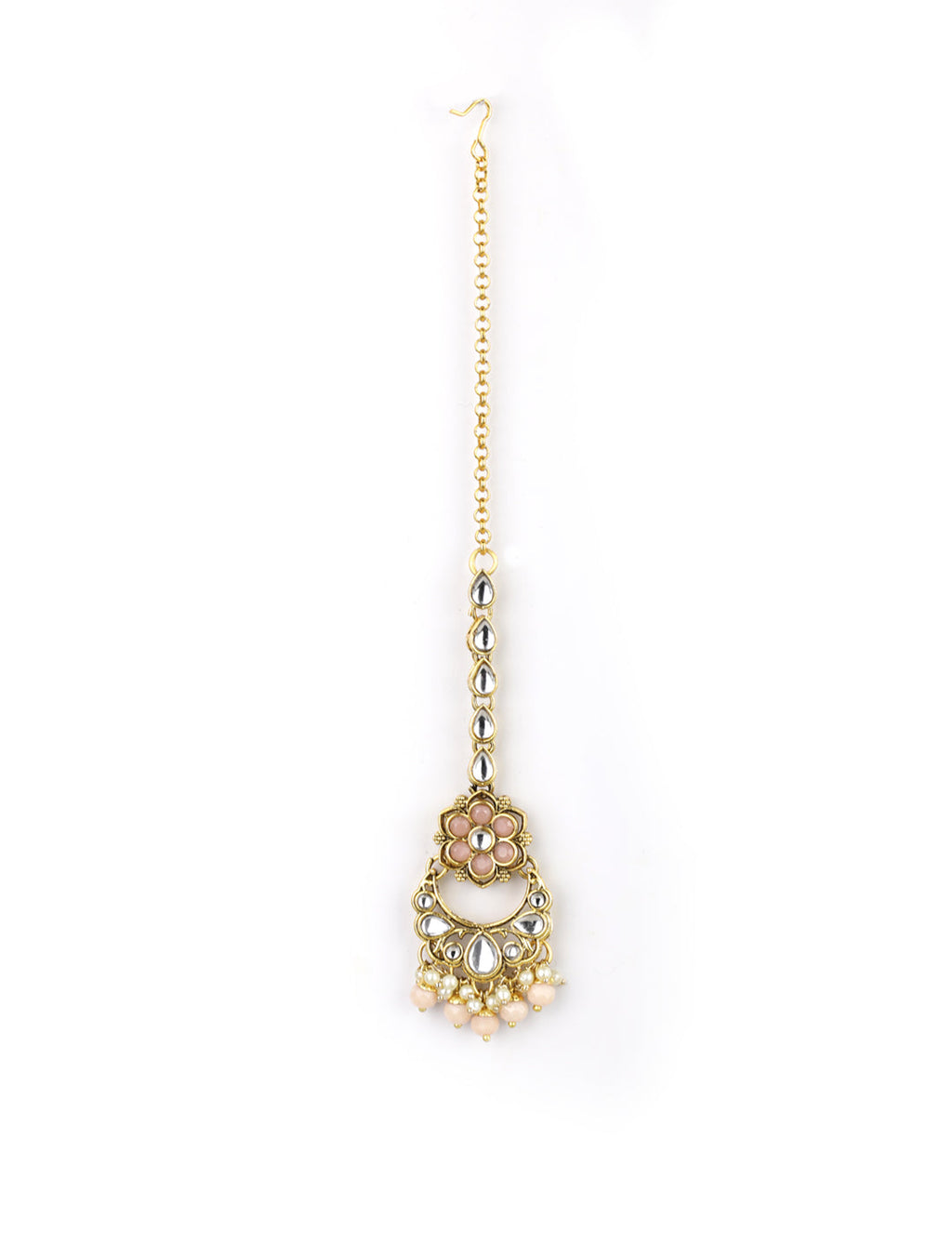 Priyaasi Women Peach Beads Pearls Kundan Gold-Polished Floral Traditional MaangTika Jewellery Set - Swadesiicart
