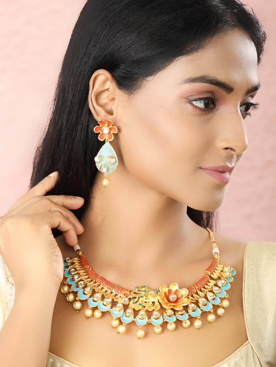 Priyaasi Women Multi-Color Kundan Pearls Gold-Polished Floral Jewellery Set - Swadesiicart