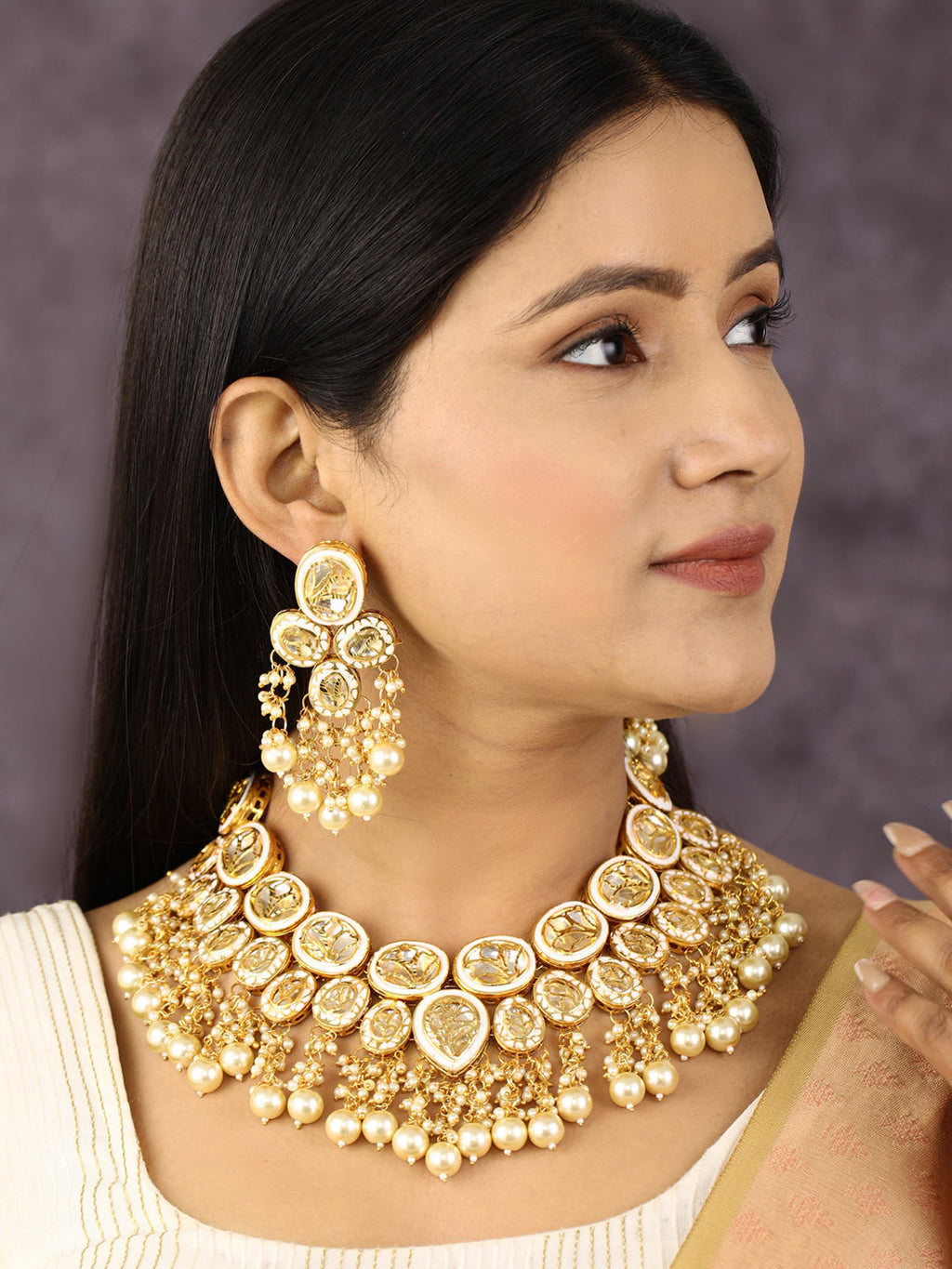 Priyaasi Women Kundan Beads Pearls Gold-Polished Traditional Jewellery Set - Swadesiicart