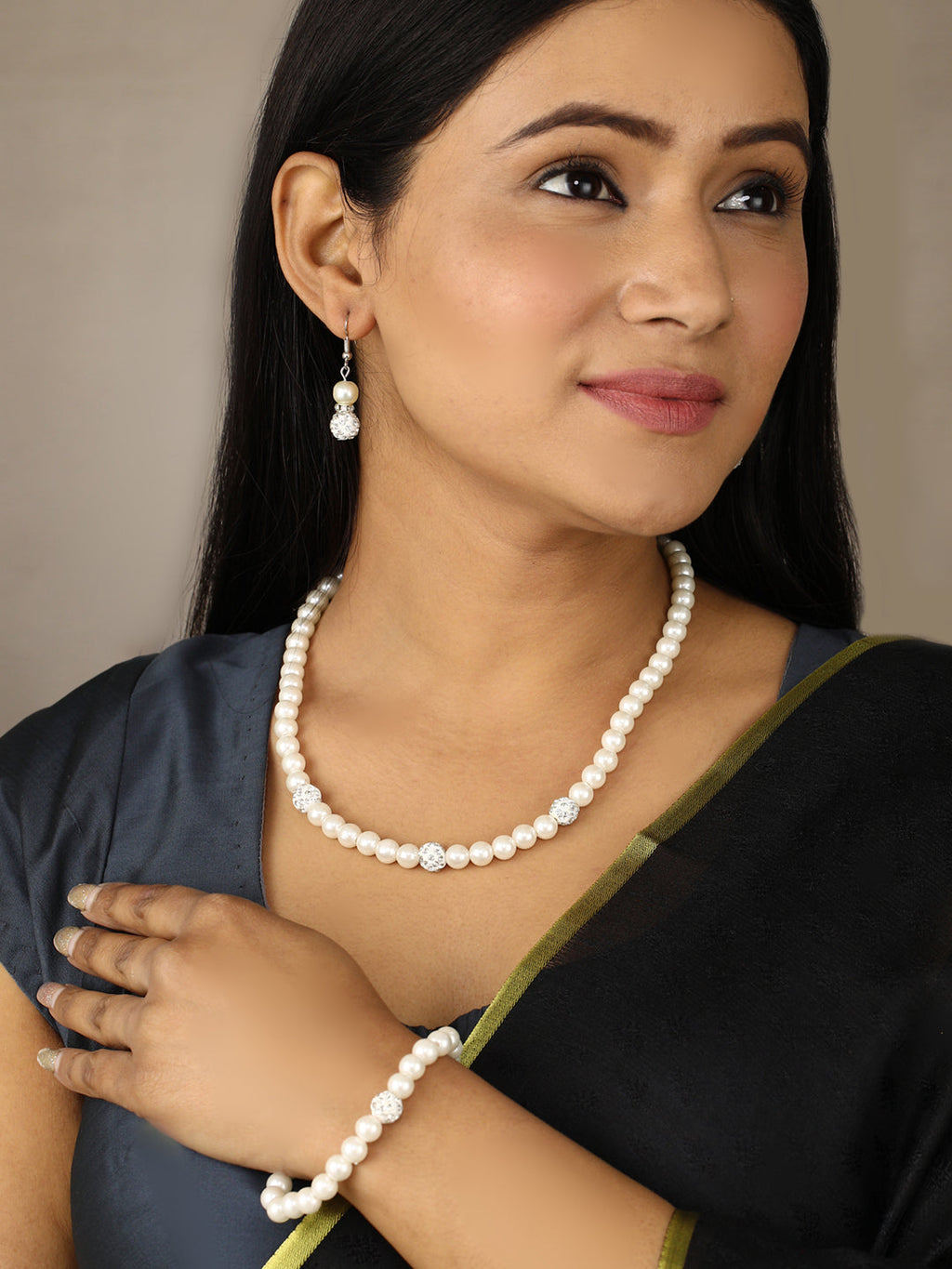 Priyaasi Women Silver Plated Pearls Jewellery Set with Bracelet - Swadesiicart