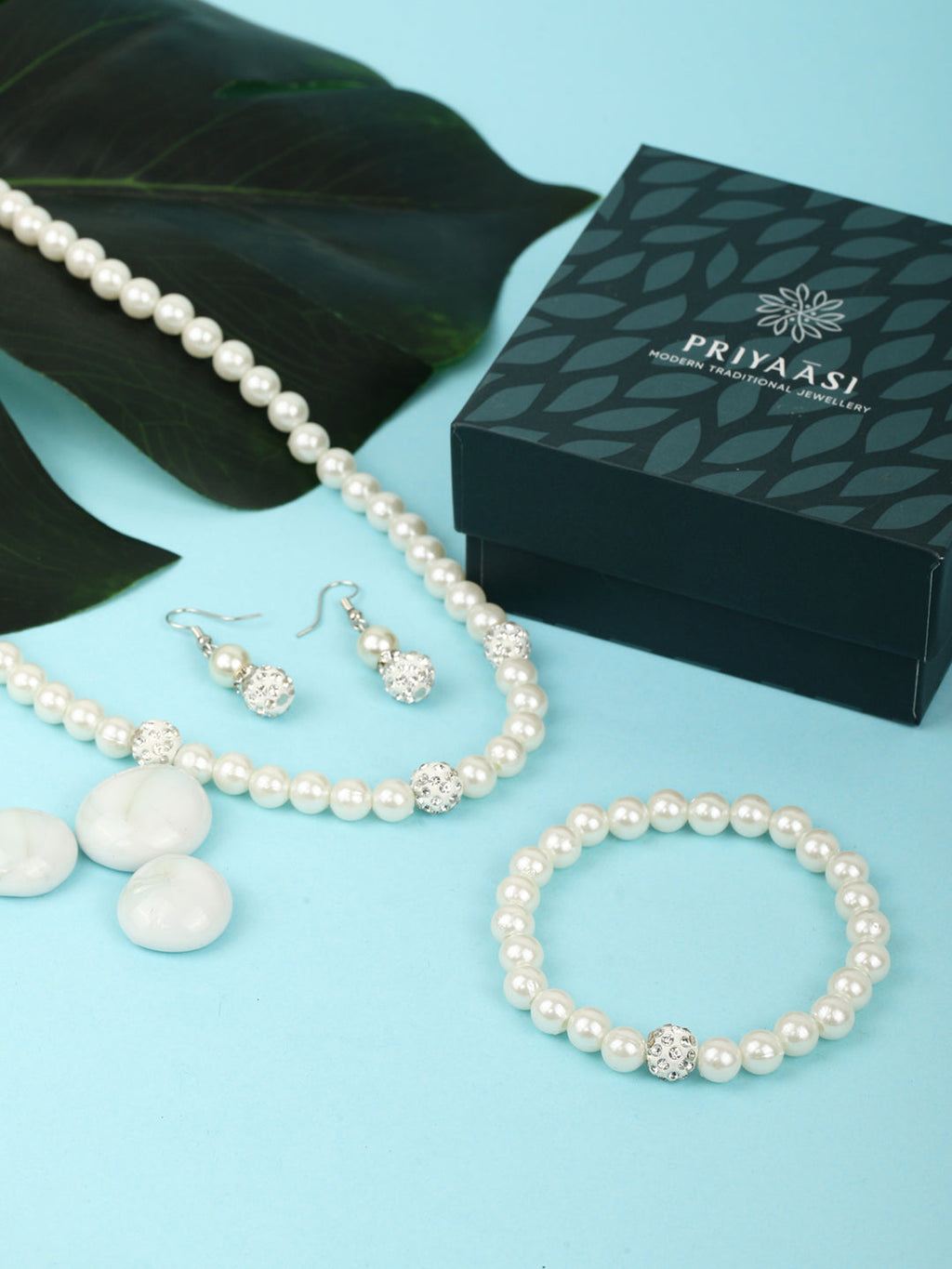 Priyaasi Women Silver Plated Pearls Jewellery Set with Bracelet - Swadesiicart