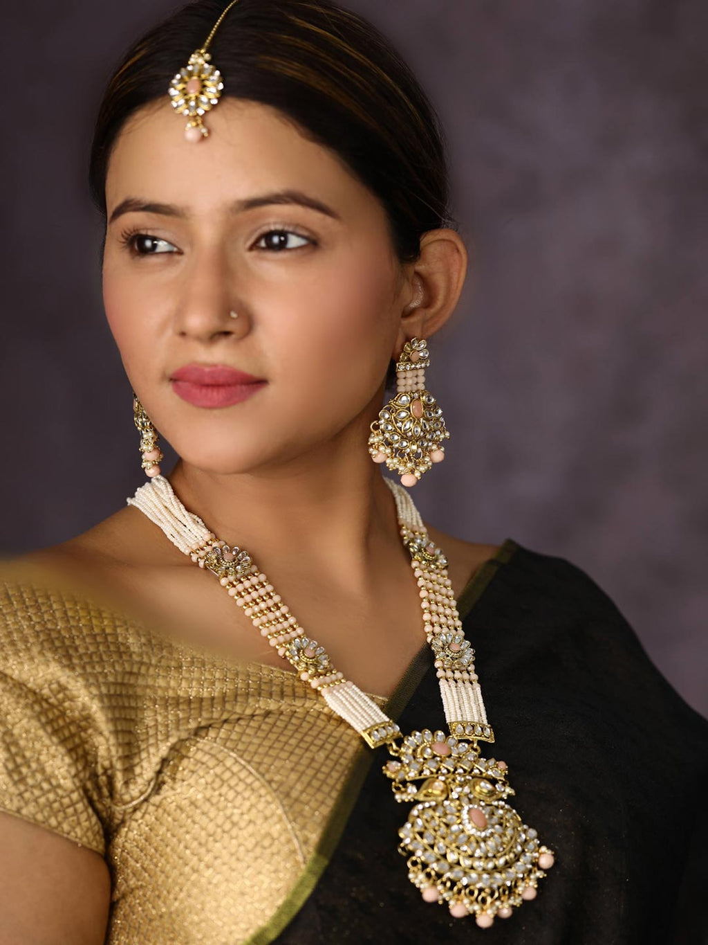 Priyaasi Women Multi-Color Beads Pearls Gold-Polished Rani Haar with Maang Tikka - Swadesiicart