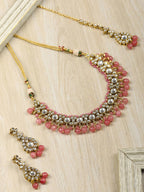 Priyaasi Women Pink Beads Pearls Kundan Gold-Polished Jewellery Set with Maang Tikka - Noz2Toz