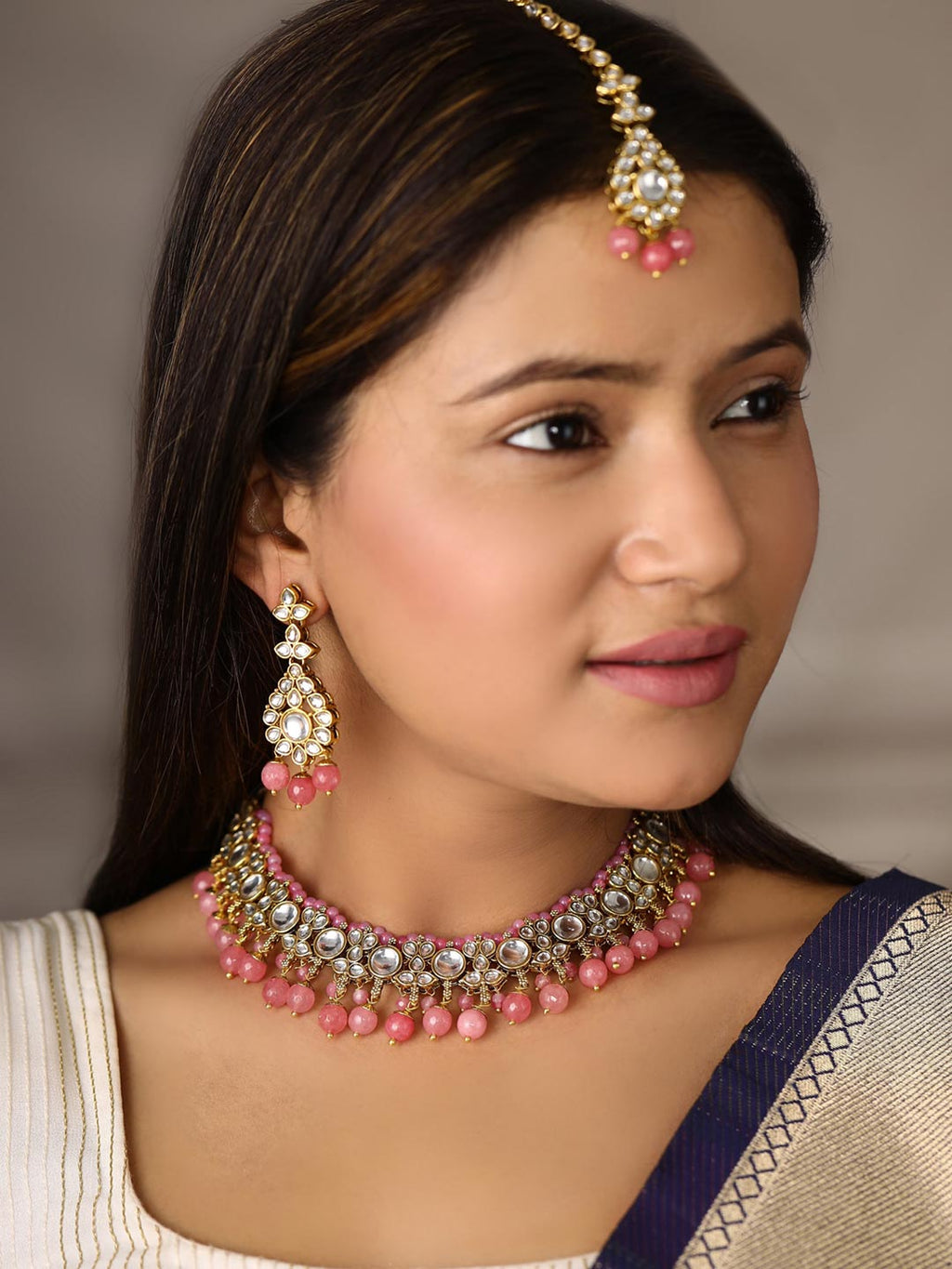 Priyaasi Women Pink Beads Pearls Kundan Gold-Polished Jewellery Set with Maang Tikka - Swadesiicart