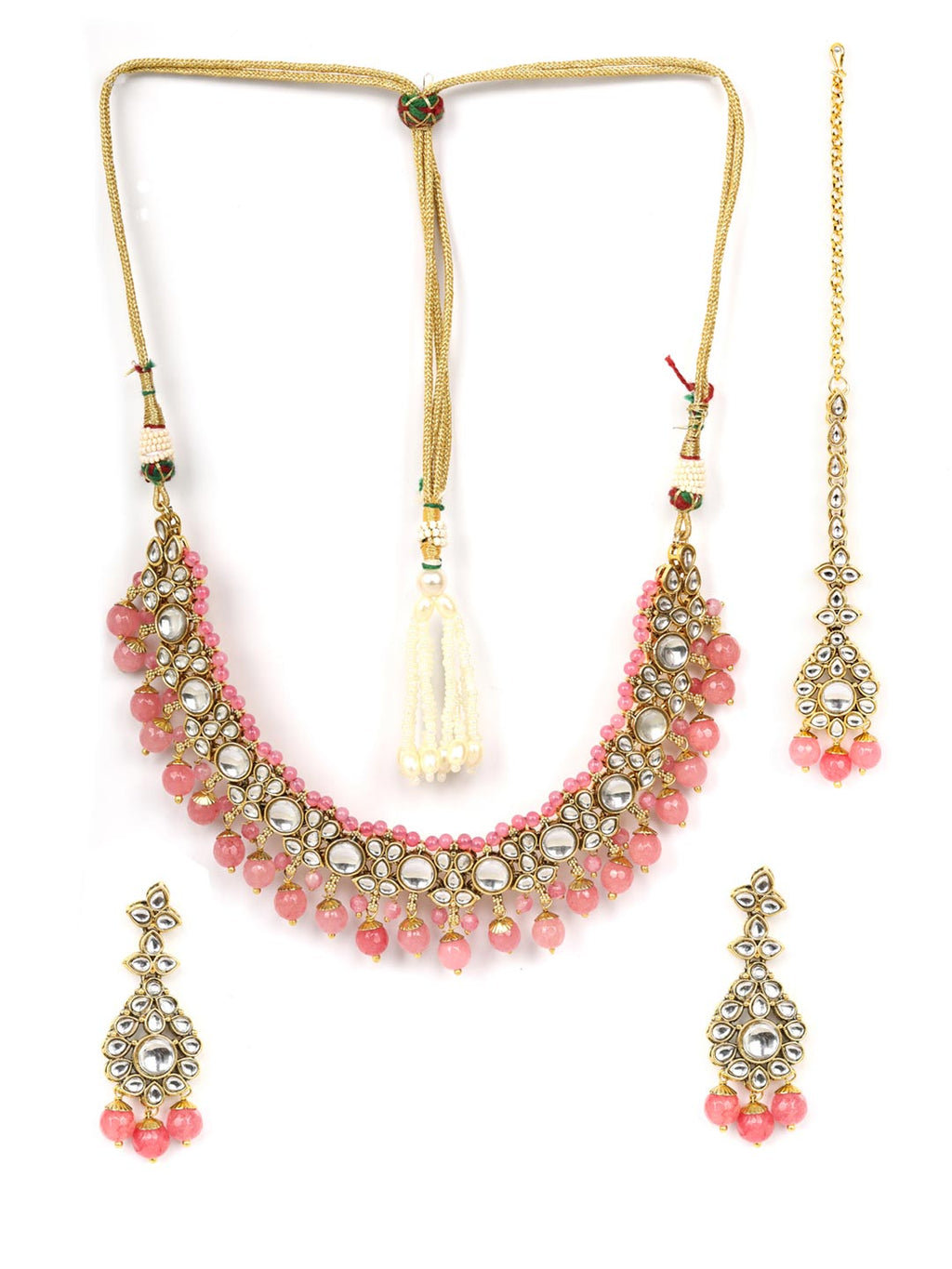 Priyaasi Women Pink Beads Pearls Kundan Gold-Polished Jewellery Set with Maang Tikka - Swadesiicart