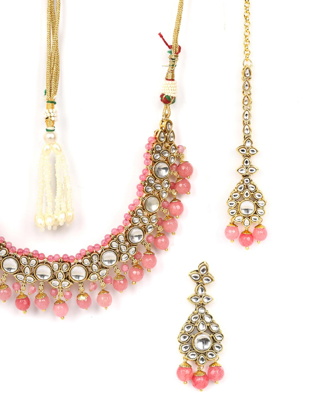 Priyaasi Women Pink Beads Pearls Kundan Gold-Polished Jewellery Set with Maang Tikka - Swadesiicart