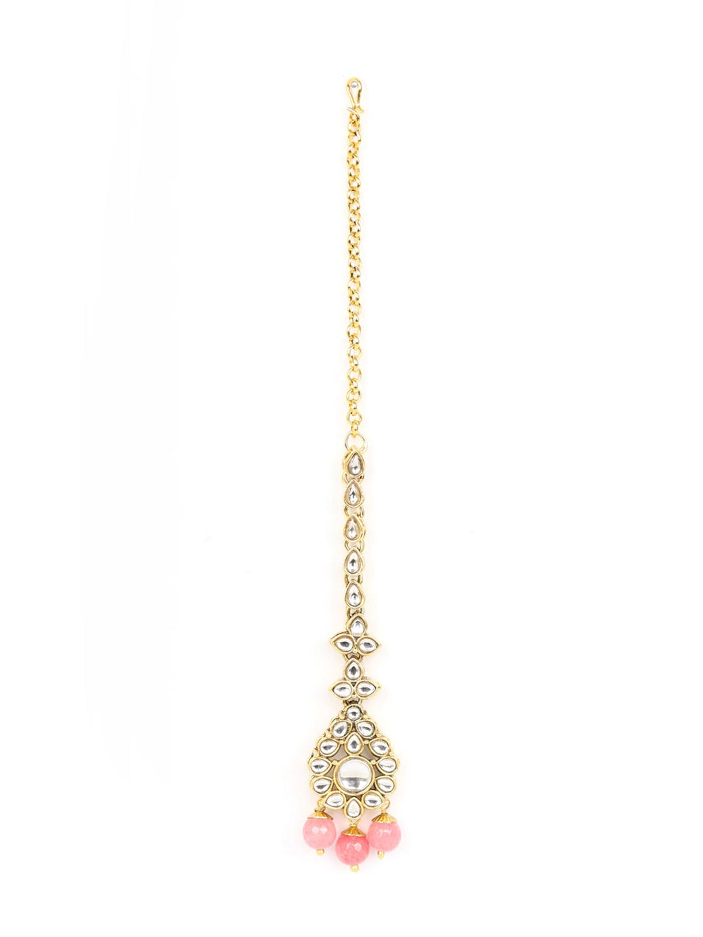 Priyaasi Women Pink Beads Pearls Kundan Gold-Polished Jewellery Set with Maang Tikka - Swadesiicart