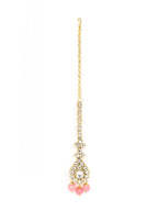 Priyaasi Women Pink Beads Pearls Kundan Gold-Polished Jewellery Set with Maang Tikka - Swadesiicart