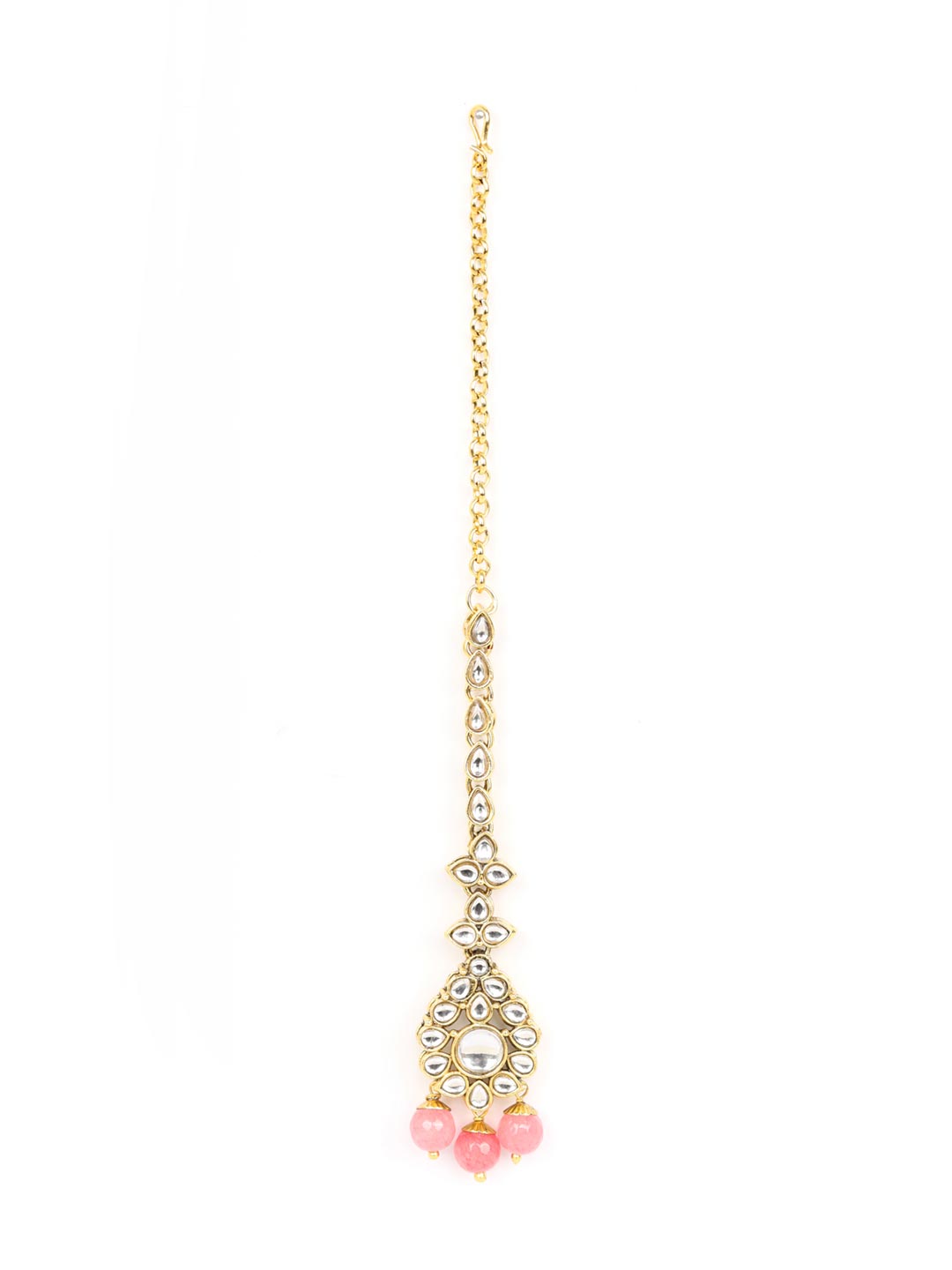 Priyaasi Women Pink Beads Pearls Kundan Gold-Polished Jewellery Set with Maang Tikka - Swadesiicart