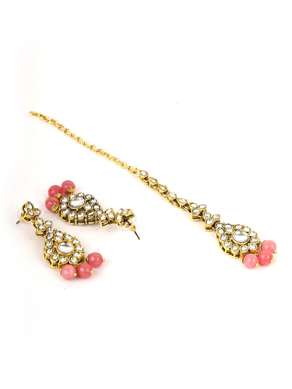 Priyaasi Women Pink Beads Pearls Kundan Gold-Polished Jewellery Set with Maang Tikka - Swadesiicart