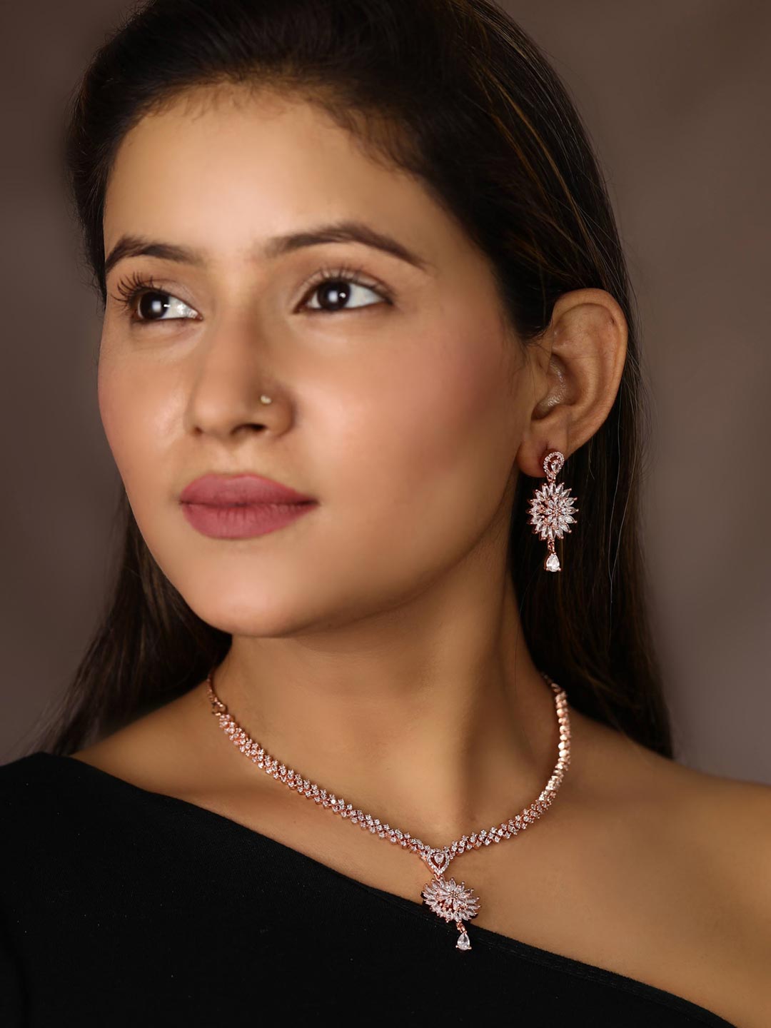 Priyaasi Women Dreamy Dahlia - American Diamond Rose Gold-Polished Jewellery Set - Swadesiicart