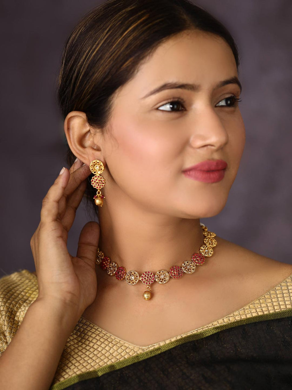 Priyaasi Women Ruby Kundan Pearls Gold-Polished Jewellery Set - Swadesiicart