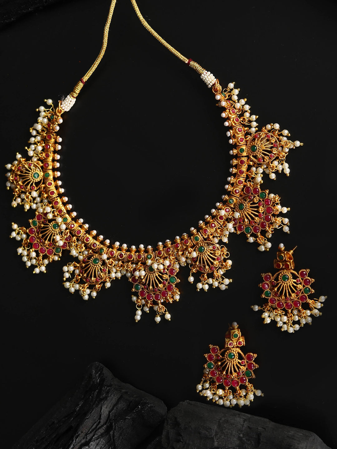Priyaasi Women Ruby Emerald Beads Gold-Polished Jewellery Set - Noz2Toz