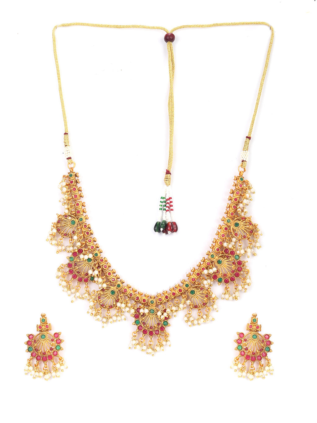Priyaasi Women Ruby Emerald Beads Gold-Polished Jewellery Set - Swadesiicart