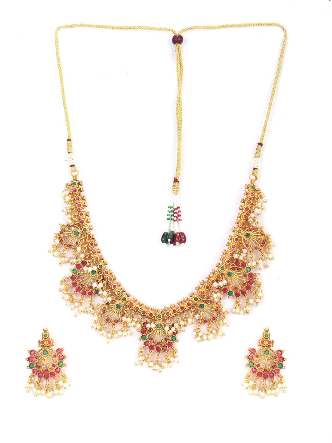Priyaasi Women Ruby Emerald Beads Gold-Polished Jewellery Set - Swadesiicart