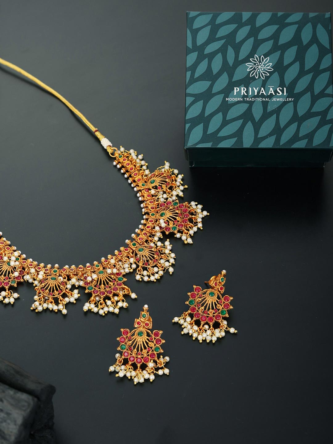 Priyaasi Women Ruby Emerald Beads Gold-Polished Jewellery Set - Swadesiicart