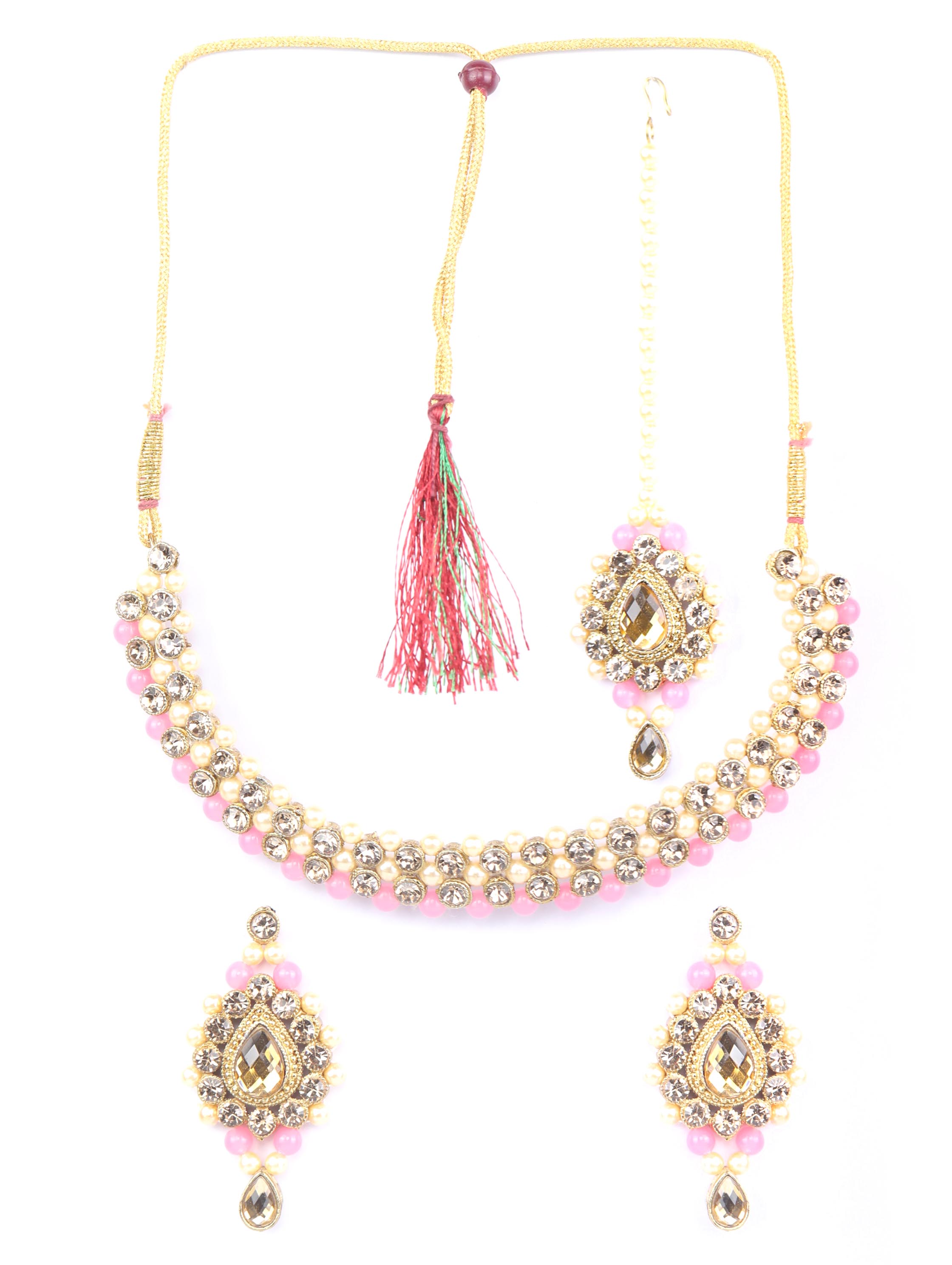 Priyaasi Women Pink Kundan Pearls Gold-Polished Jewellery Set with MaangTikka - Noz2Toz