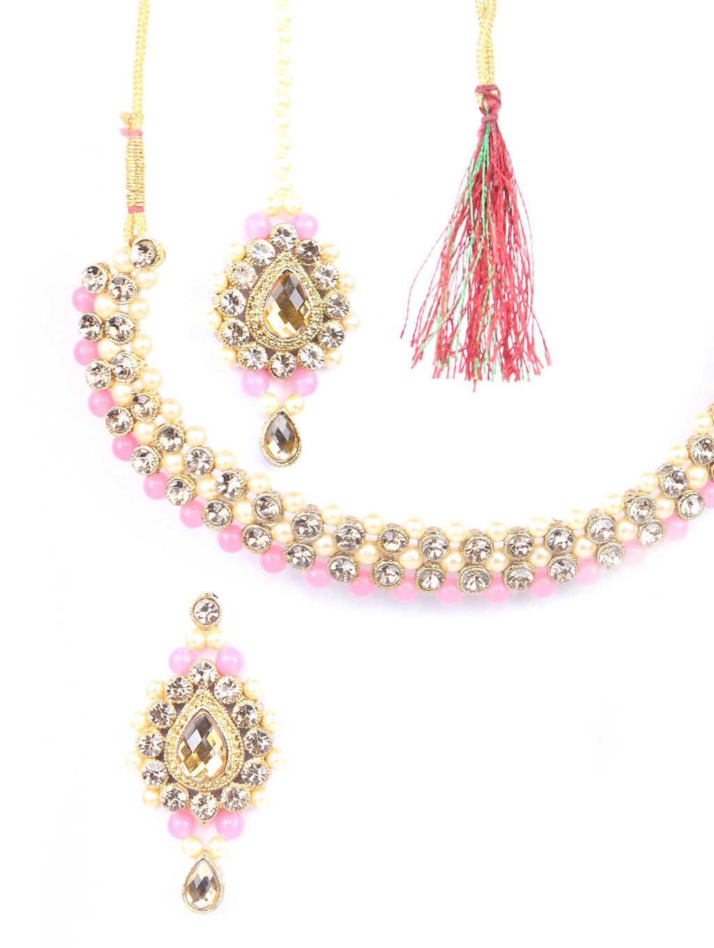 Priyaasi Women Pink Kundan Pearls Gold-Polished Jewellery Set with MaangTikka - Swadesiicart