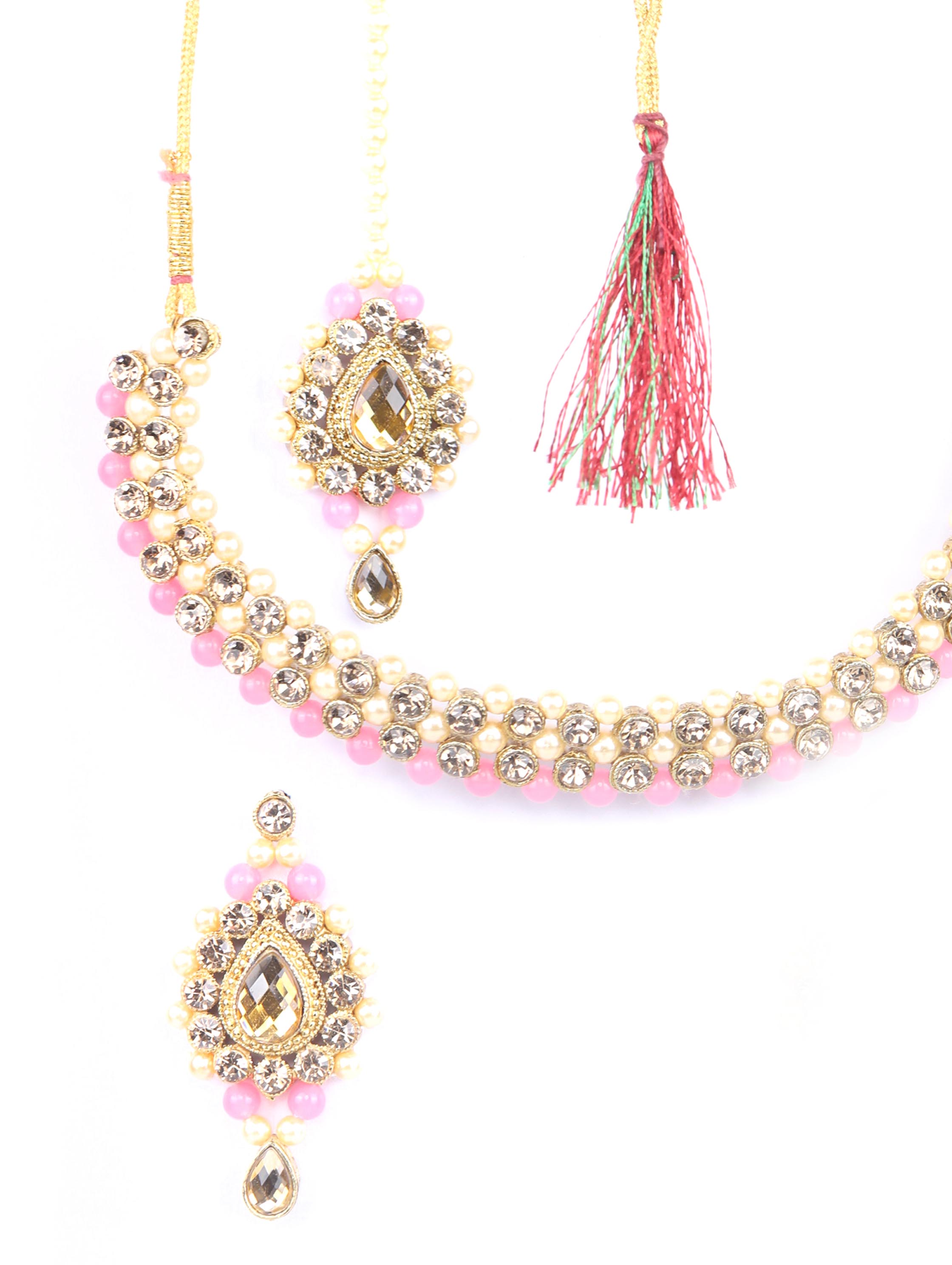 Priyaasi Women Pink Kundan Pearls Gold-Polished Jewellery Set with MaangTikka - Swadesiicart
