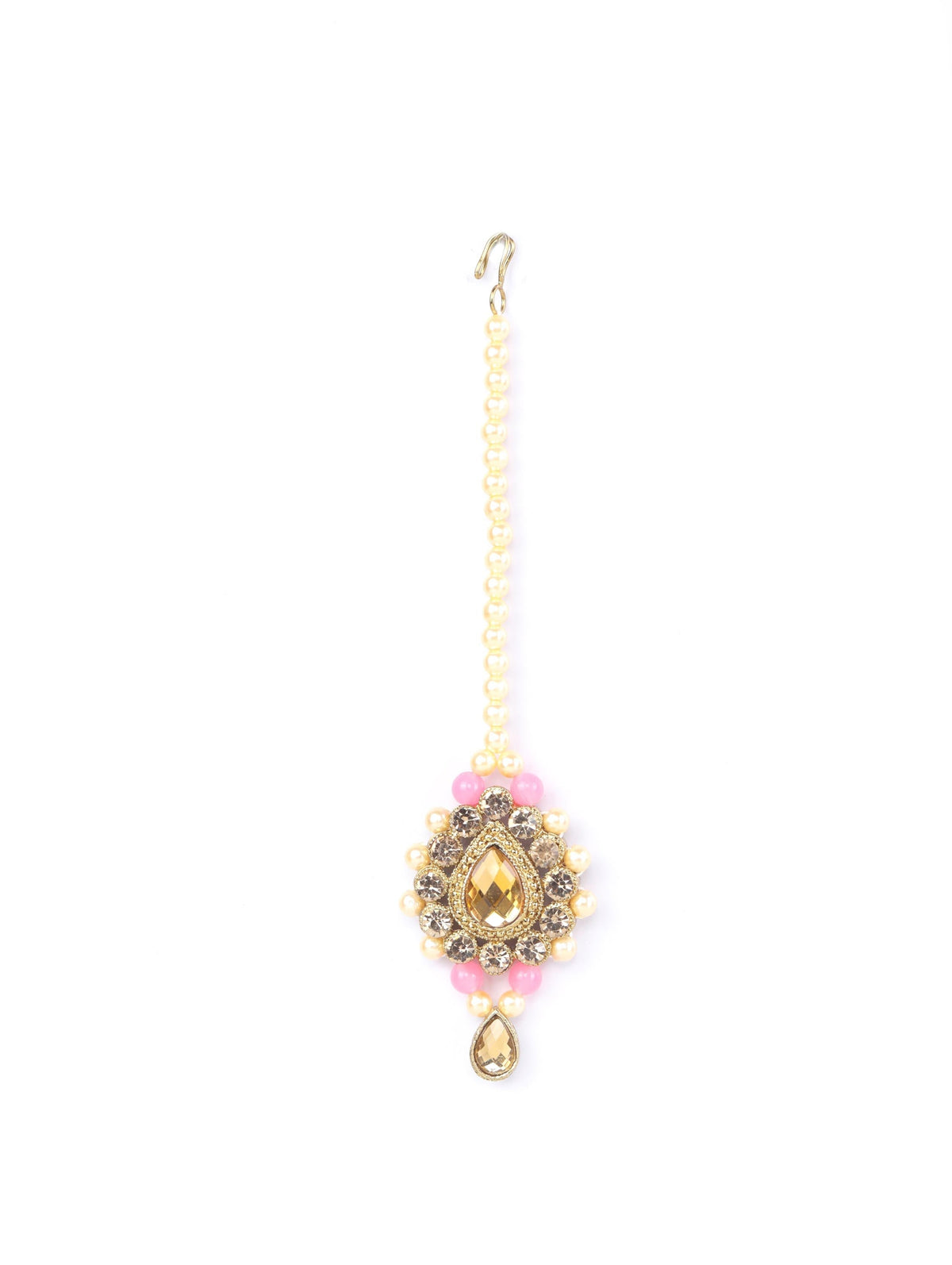 Priyaasi Women Pink Kundan Pearls Gold-Polished Jewellery Set with MaangTikka - Swadesiicart